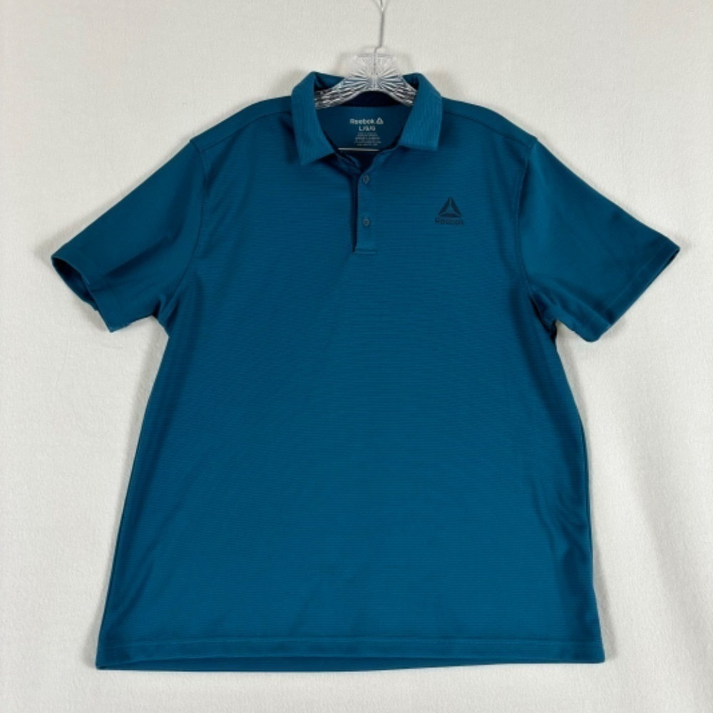 Reebok Polo Shirt Green-ish Blue Fine Stripes Black Logo on Front Size L